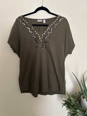 Chico's Olive Embellished V-Neck Women's Tunic
